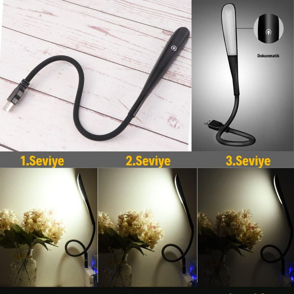 2'lü Paket – Kompakt USB Siyah 14 Ledli 3 Kademeli Dokunmatik Okuma Lambası
