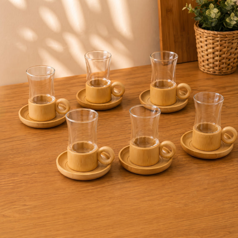12 Parça Çay Seti - Bambu Bardak Altığı - Çift Cidarlı Cam - 150 ml – görsel 1