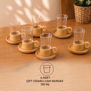 12 Parça Çay Seti - Bambu Bardak Altığı - Çift Cidarlı Cam - 150 ml – görsel 3