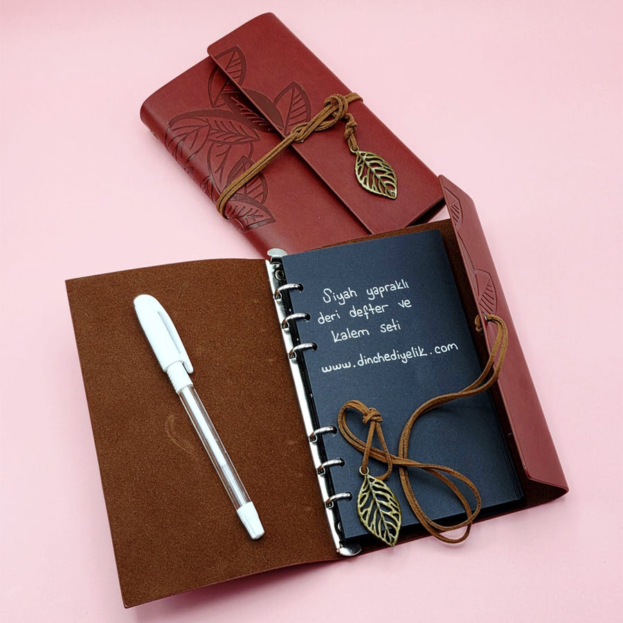 2'lü Paket – Kahverengi Deri Siyah Yapraklı Defter Ve Beyaz Jel Kalem Seti