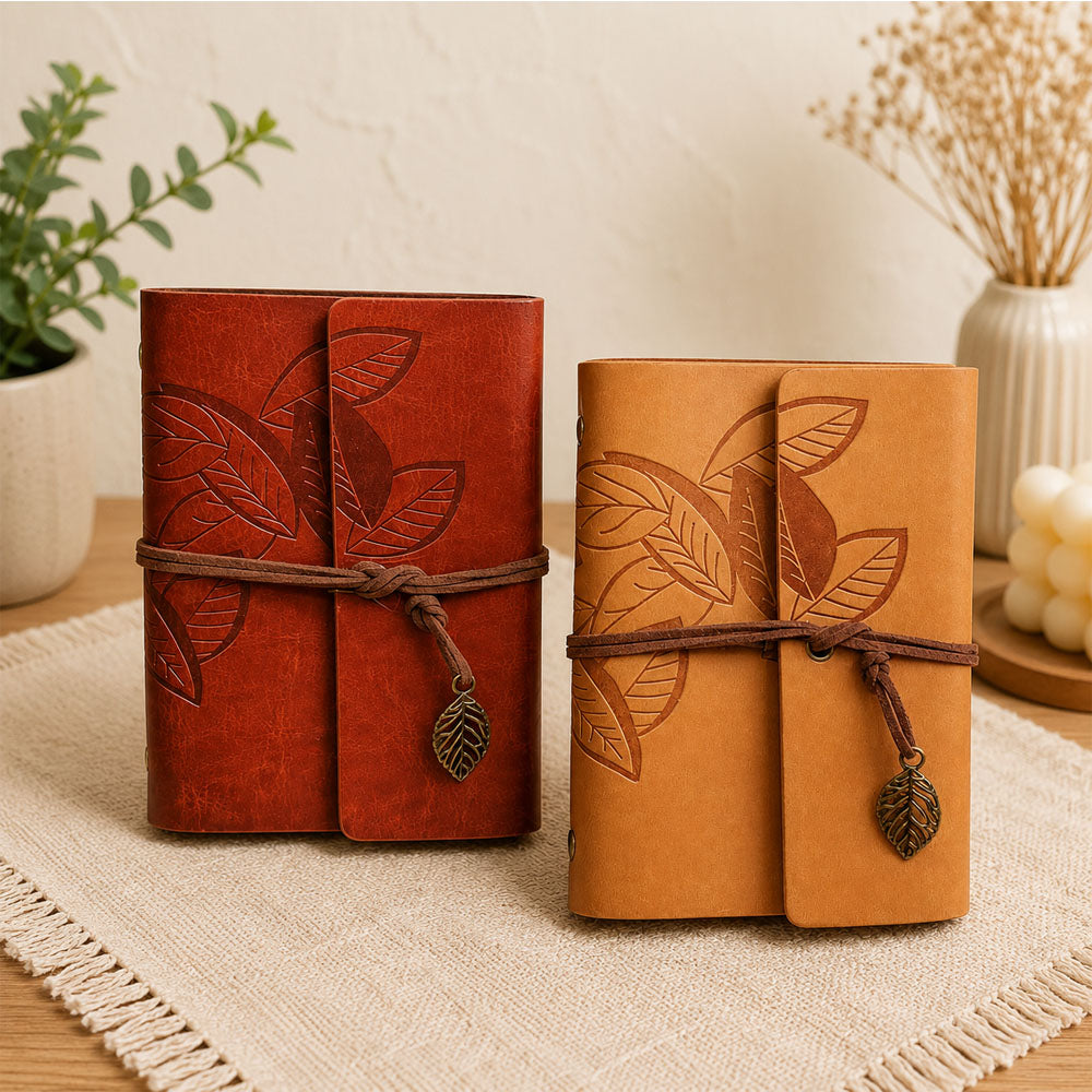 2'lü Paket – Yaprak Desenli Retro Deri Defter - Vintage Ajanda