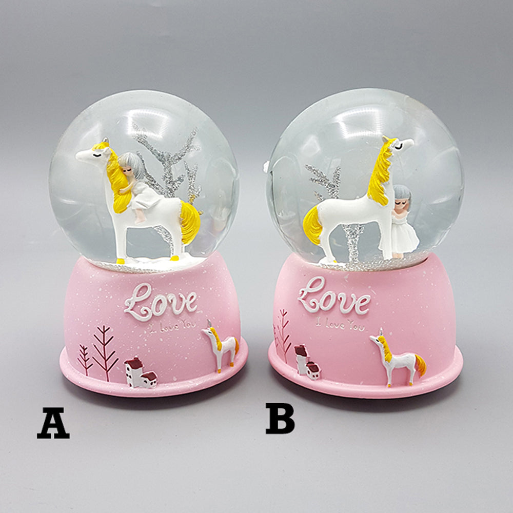 Mini Pembe Kar Küresi - Sevimli Unicorn ve Kız Tasarımlı - Işıklı – görsel 1