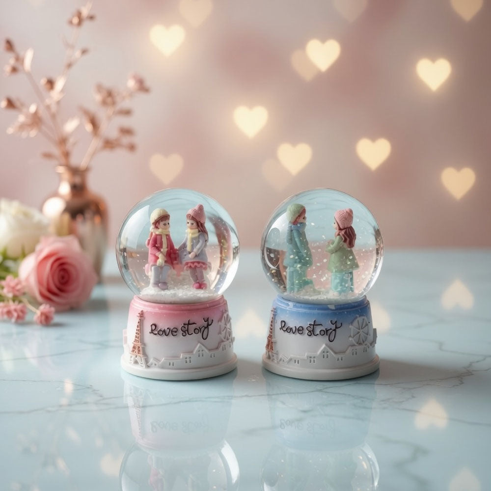 3'lü Paket – Love Story Mini Kar Küresi - Işıklı - 7x4 cm - Pilli Romantik Hediye