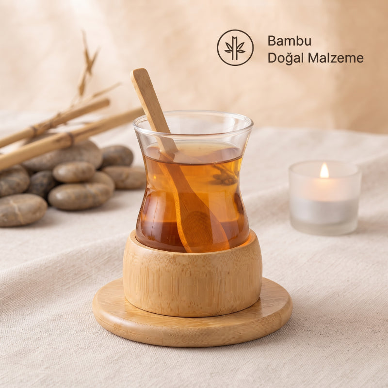 18 Parça Bambu Çay Seti - 6 Çay Bardağı - Borosilikat Cam