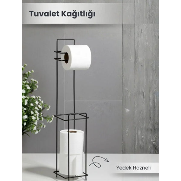 2'lü Paket – Siyah Standlı Yedek Hazneli Tuvalet Kağıtlığı
