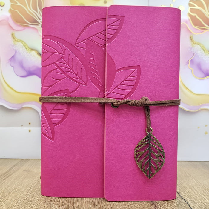2'lü Paket – Büyük Boy Yaprak Desenli Pembe Deri Not Defteri