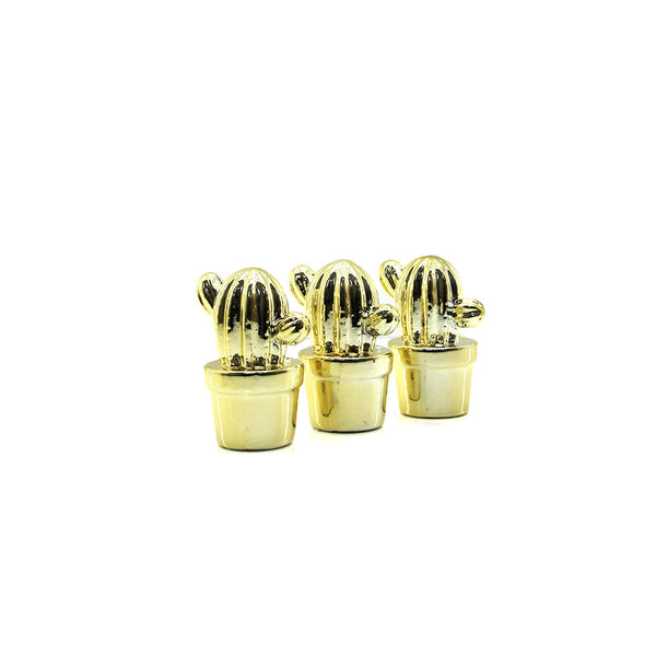 2'lü Paket – Orta Boy Kaktüs Tasarımlı Dekoratif Süs - Seramik - Parlak Altın