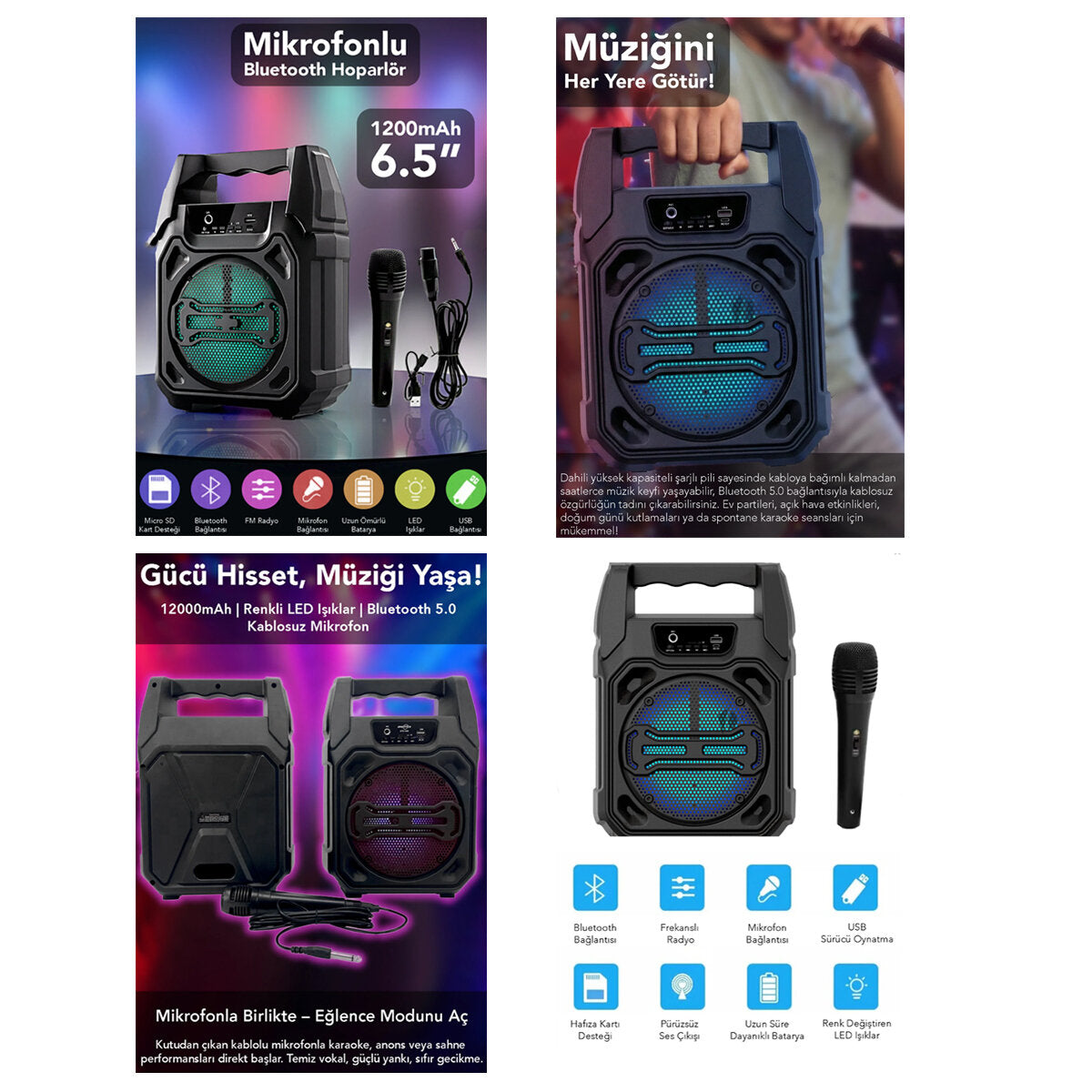 Mikrofonlu Bluetooth Hoparlör - LED Işıklı - USB Şarjlı - AUX Destekli – görsel 1