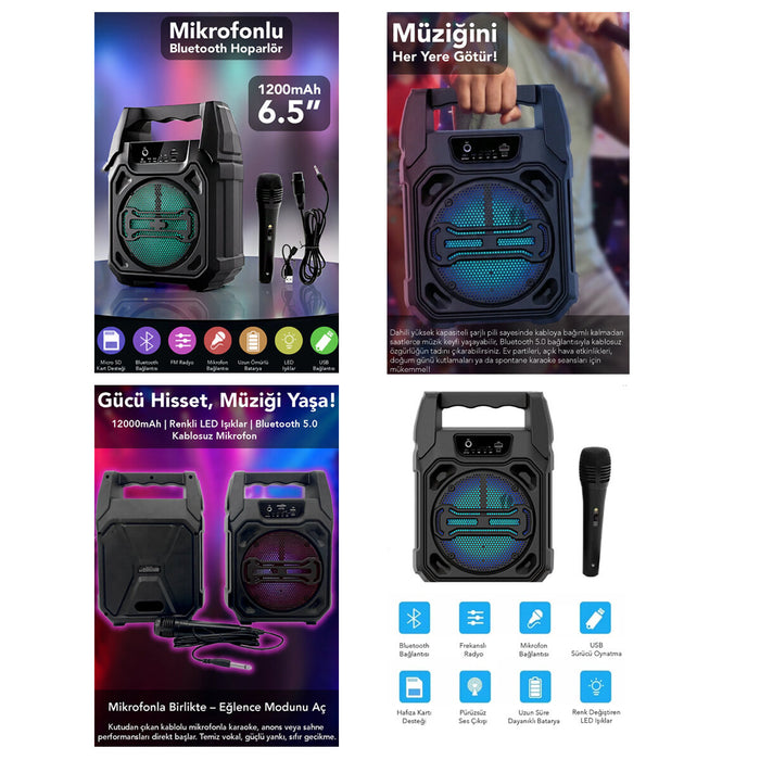 Mikrofonlu Bluetooth Hoparlör - LED Işıklı - USB Şarjlı - AUX Destekli