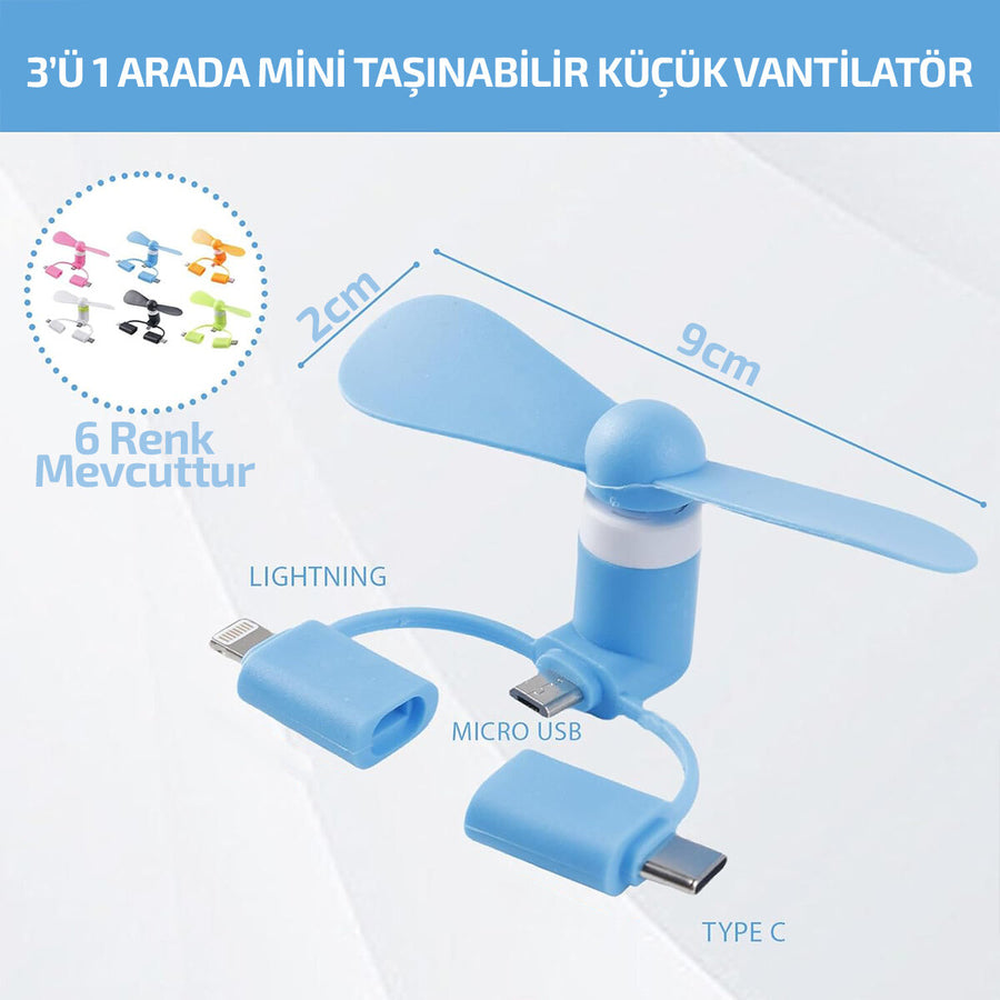 3'lü Paket – Mini Telefon Fanı - Lightning - Type-C - Micro USB Girişli - Sessiz