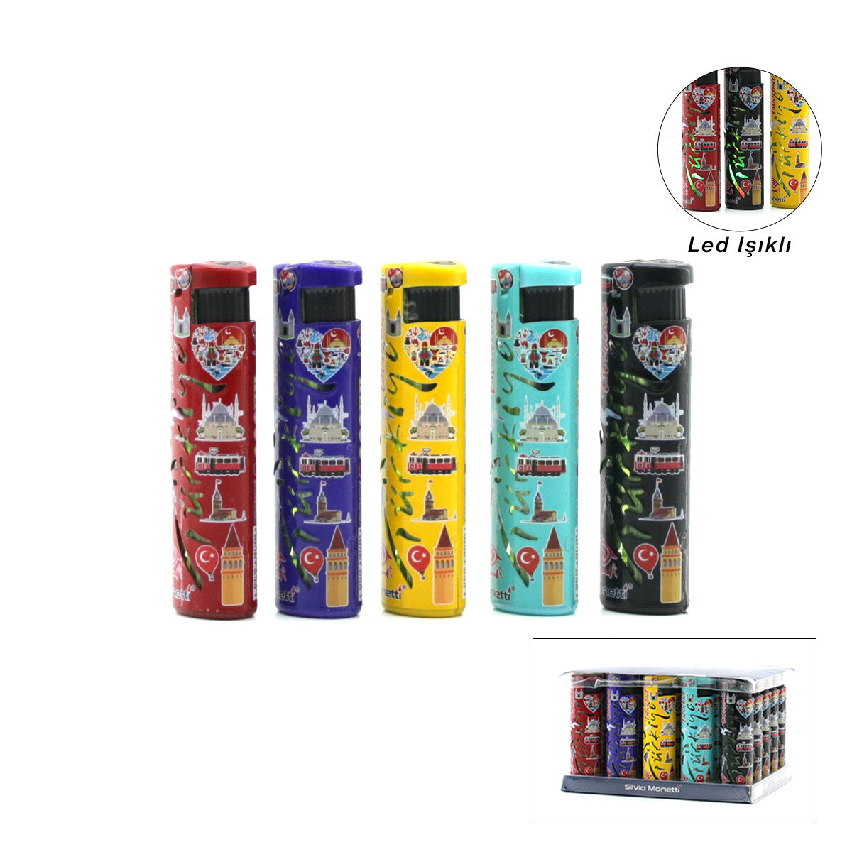 3'lü Paket – Rüzgar Çakmağı - LED Işıklı - Türkiye Temalı - Renkli