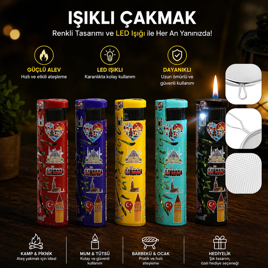 3'lü Paket – Rüzgar Çakmağı - LED Işıklı - Türkiye Temalı - Renkli