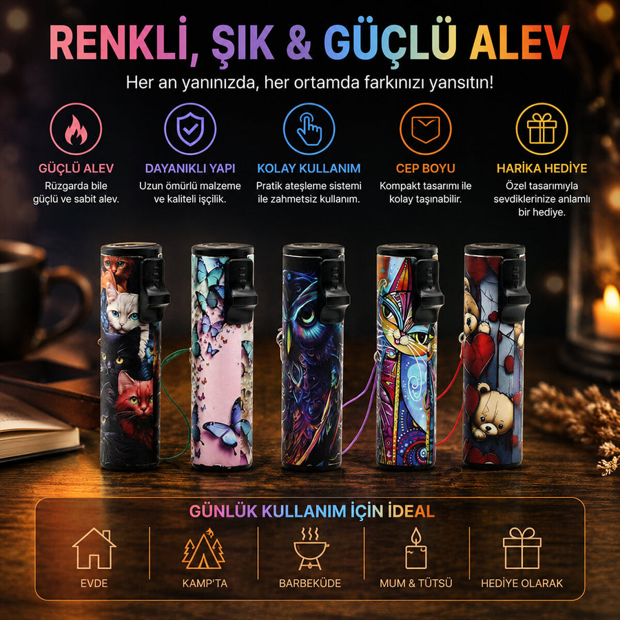 3'lü Paket – LED Işıklı Rüzgar Çakmağı - Karışık Desenli - İpli