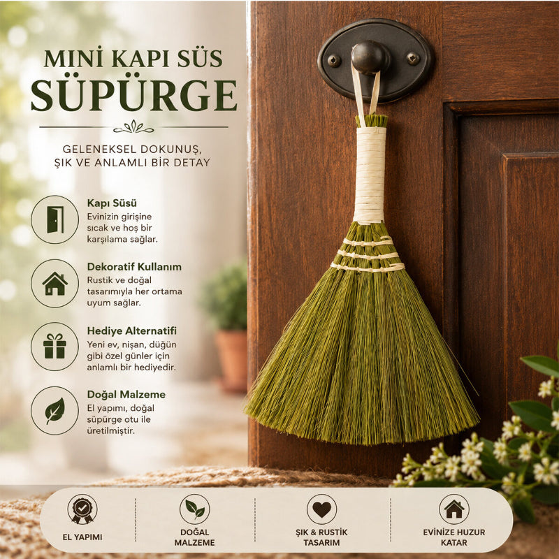 3'lü Paket – Mini Süpürge Tasarımlı Kapı Süsü - Hasır Saplı - El Yapımı Rustik Dekor