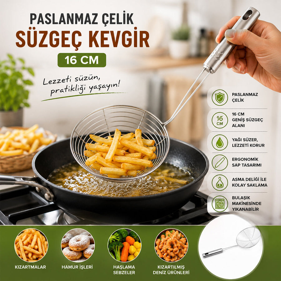 3'lü Paket – Metal Kevgir - Paslanmaz Çelik - 16 cm