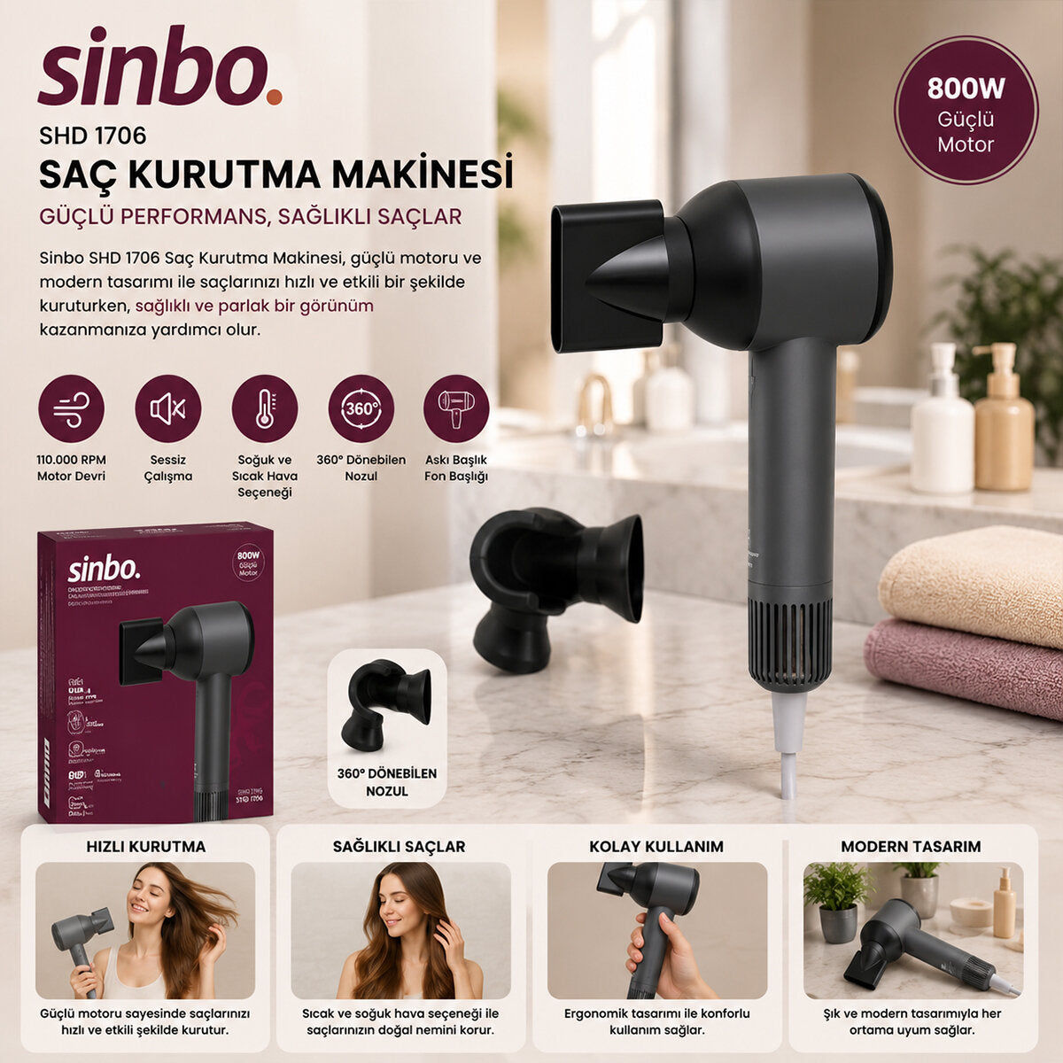 Sinbo Saç Kurutma Makinesi - Gri Renk - Sessiz Çalışma Özelliği – görsel 1