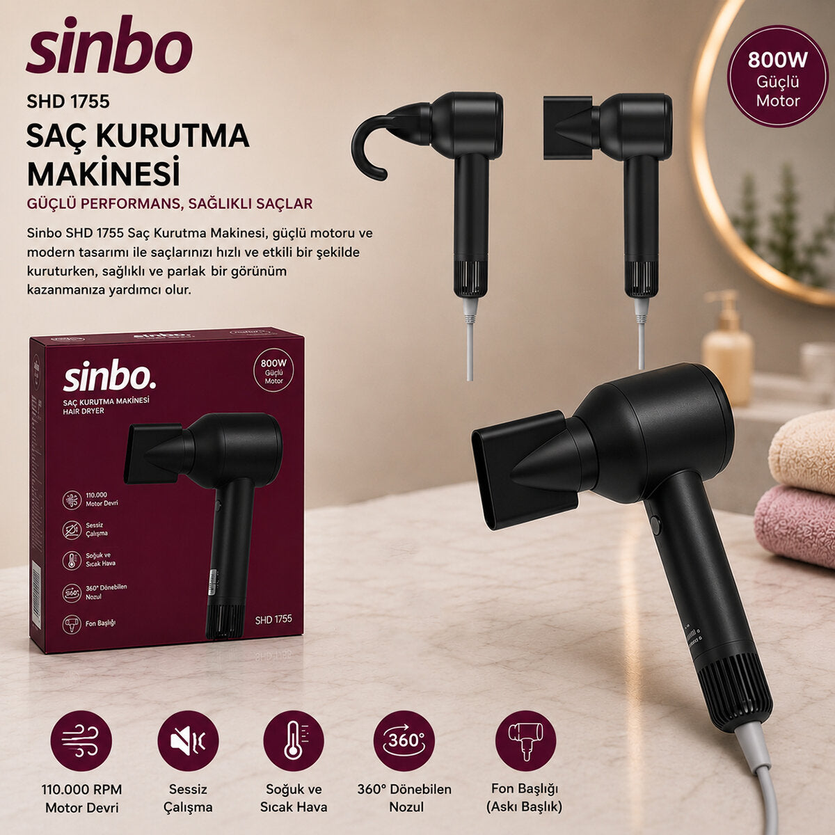 Sinbo Saç Kurutma Makinesi - Siyah Renk - Sessiz Çalışma Özelliği – görsel 1