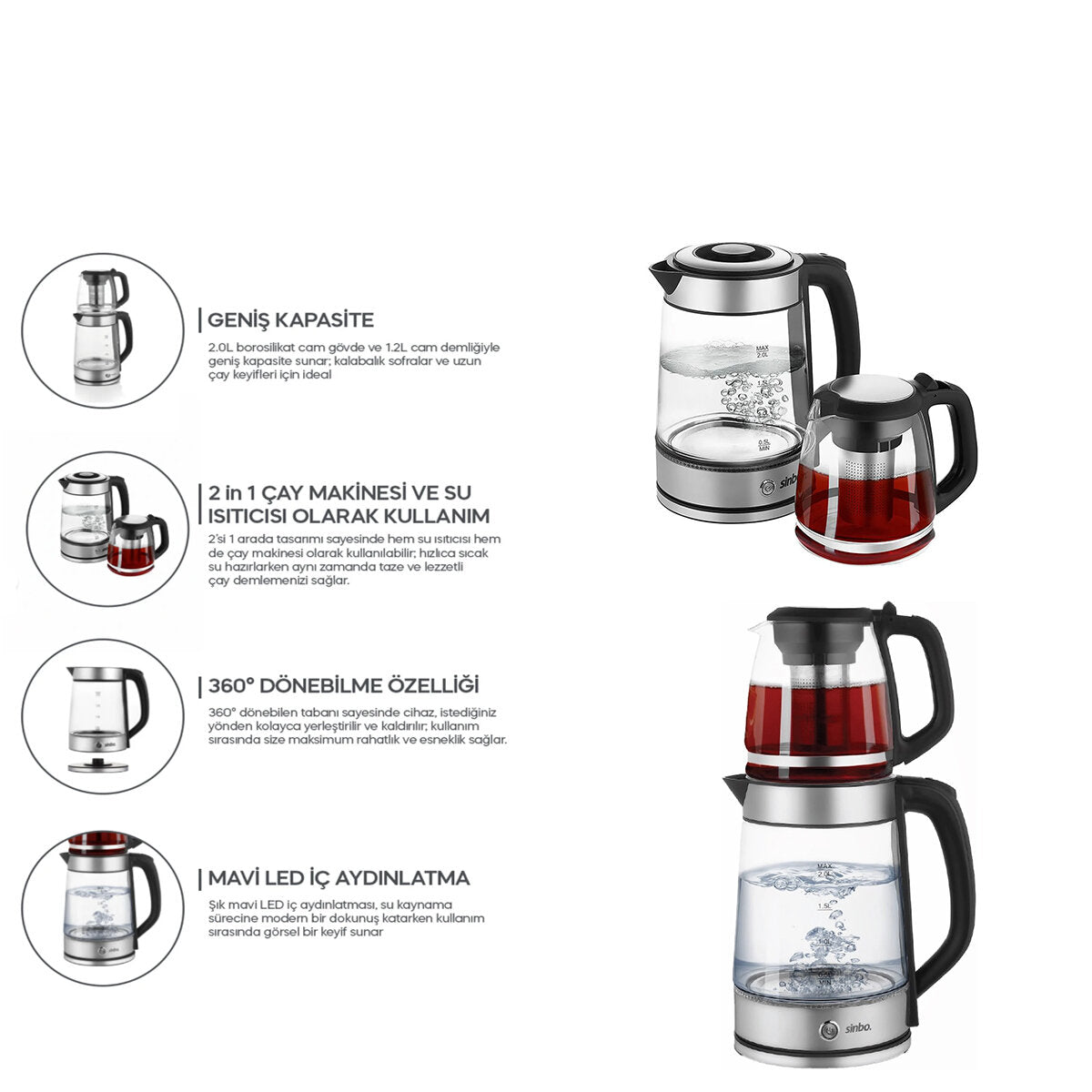 Sinbo 2'si 1 Arada Çaycı - Kettle - 2.0L + 1.2L Kapasite - Cam Gövde – görsel 1
