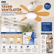 Tavan Vantilatörü ve LED Avize - Uzaktan Kumandalı - 6 Kanatlı - 52 cm – görsel 3