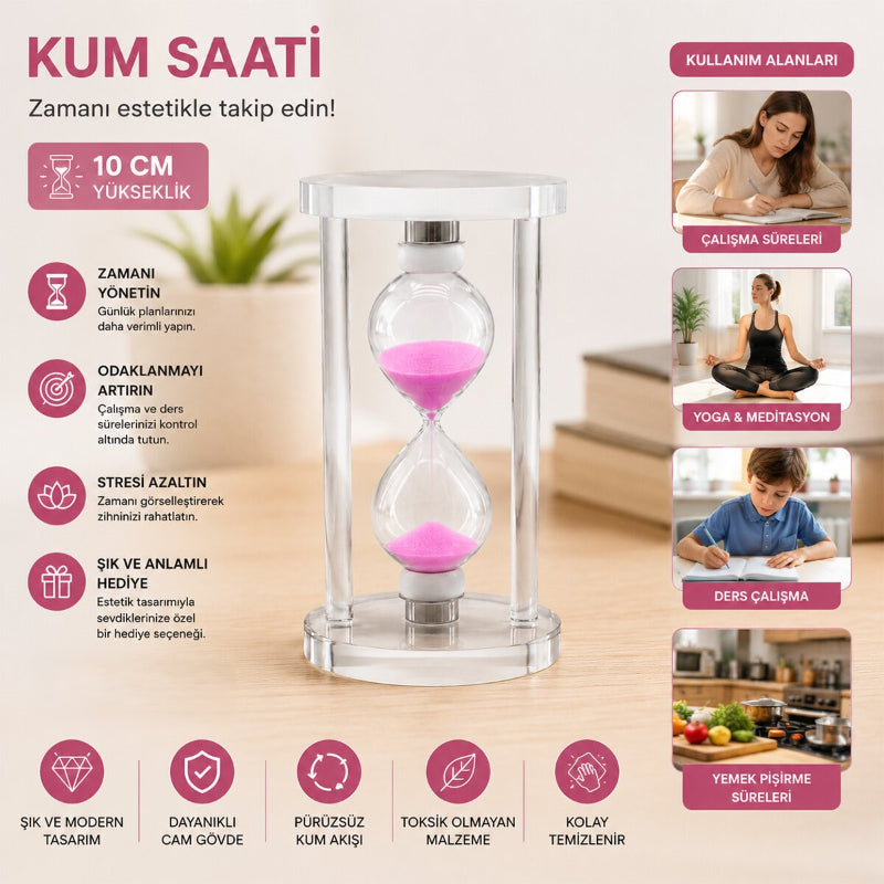 2'lü Paket – Küçük Boy Cam Standlı Kum Saati - 10 cm Yükseklik - Dekoratif Süs Eşyası