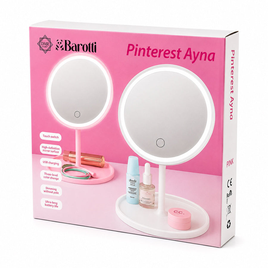2'lü Paket – Yuvarlak Işıklı Makyaj Aynası - Dokunmatik - 3 Kademe Işık Seviyesi - USB Şarjlı - Takı Tepsili