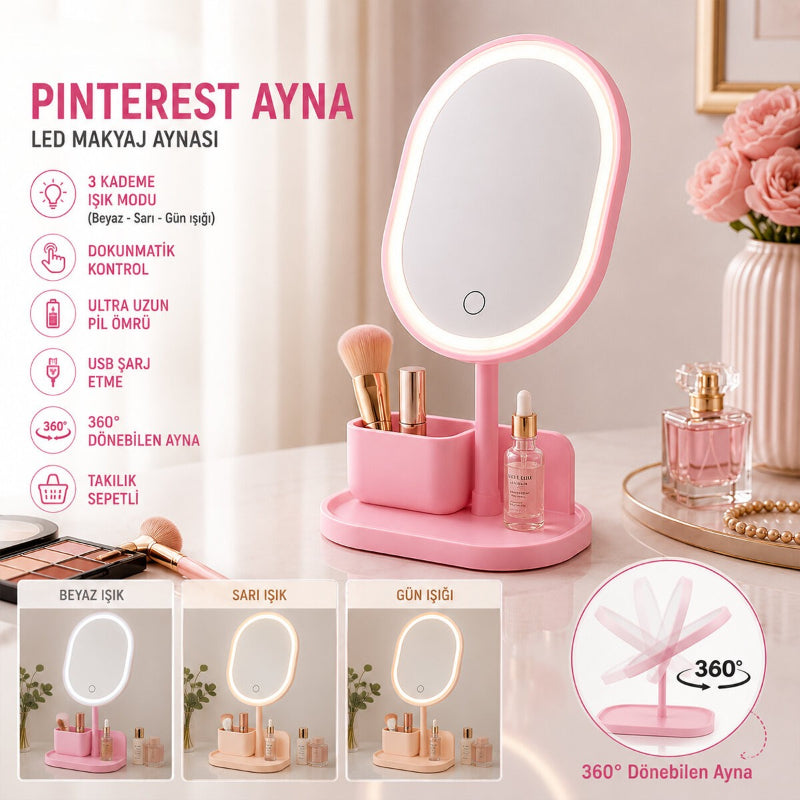 2'lü Paket – Işıklı Oval Makyaj Aynası - Dokunmatik - USB Şarjlı - 3 Kademe Işık Seviyesi - Takı Tepsili