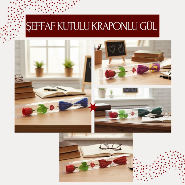 3'lü Paket – Şeffaf Kutulu Kraponlu Gül - Öğretmenler Günü Hediyesi