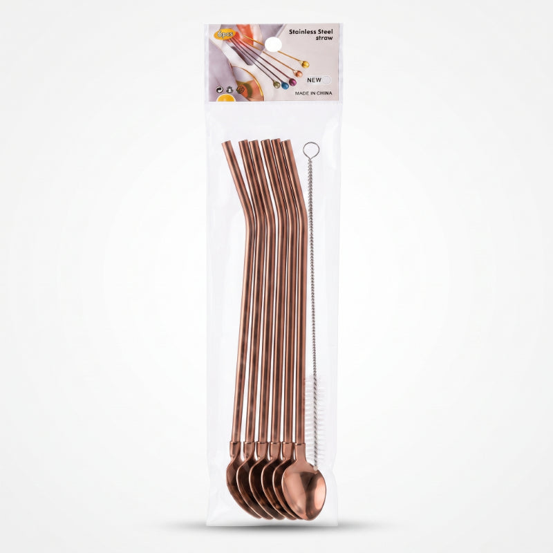 6'lı Kaşıklı Pipet Seti - Bronz - Pipet Temizleme Fırçası – görsel 1