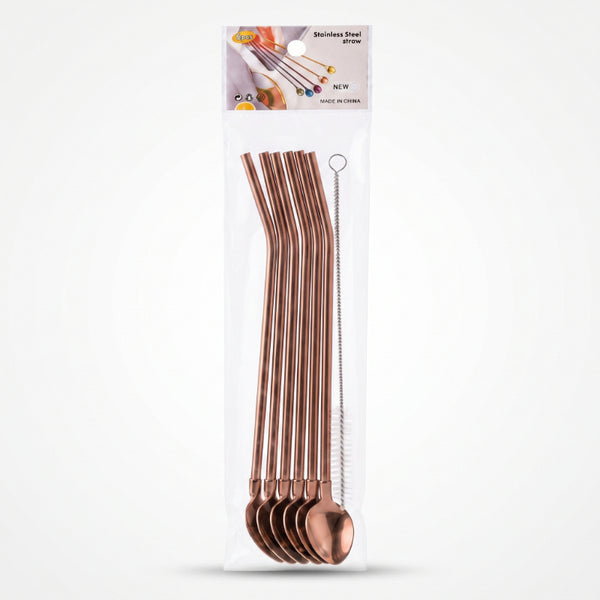 3'lü Paket – 6'lı Kaşıklı Pipet Seti - Bronz - Pipet Temizleme Fırçası