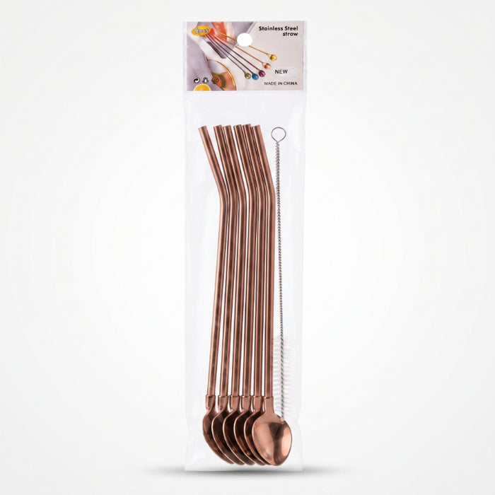 3'lü Paket – 6'lı Kaşıklı Pipet Seti - Bronz - Pipet Temizleme Fırçası