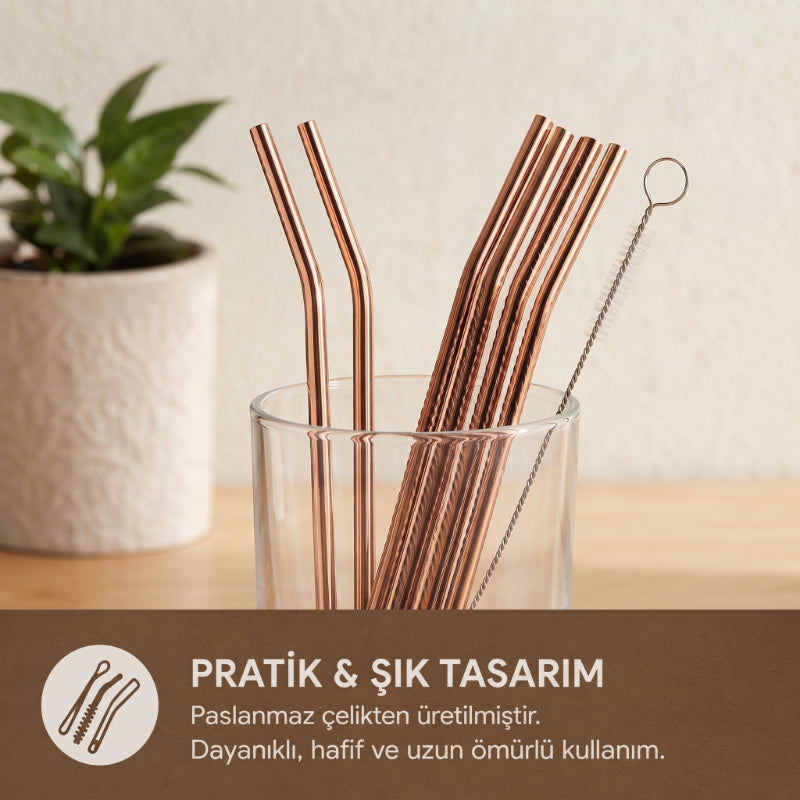 3'lü Paket – 6'lı Kaşıklı Pipet Seti - Bronz - Pipet Temizleme Fırçası