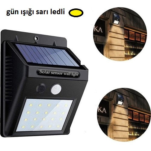 3'lü Paket – Sarı Gün Işıklı Solar Lamba - 20 LED - Dış Mekan Duvar Tipi