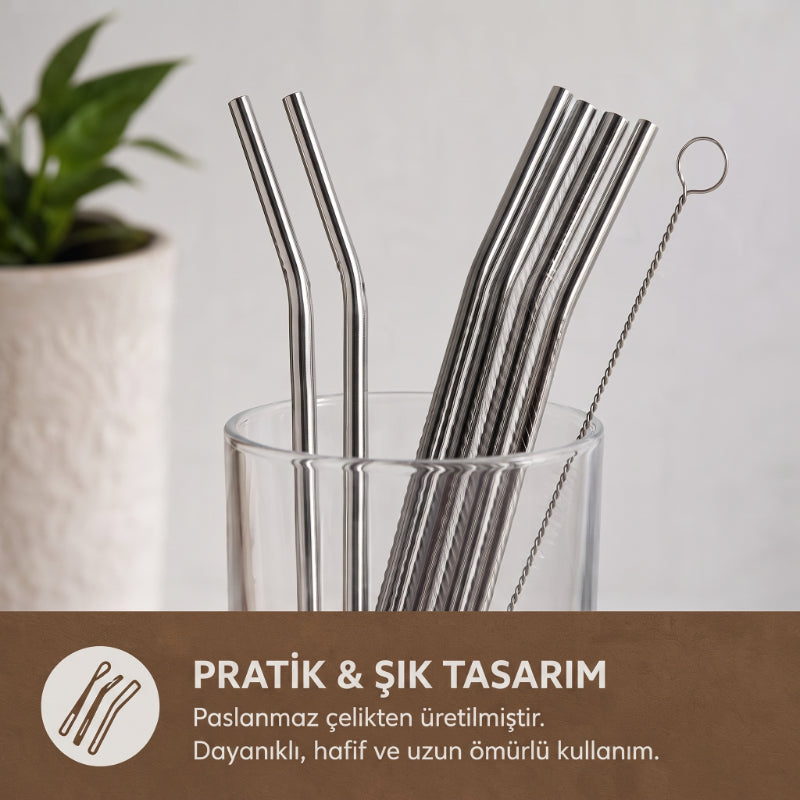 3'lü Paket – 6'lı Kaşıklı Pipet Seti - Metal - Pipet Temizleme Fırçası